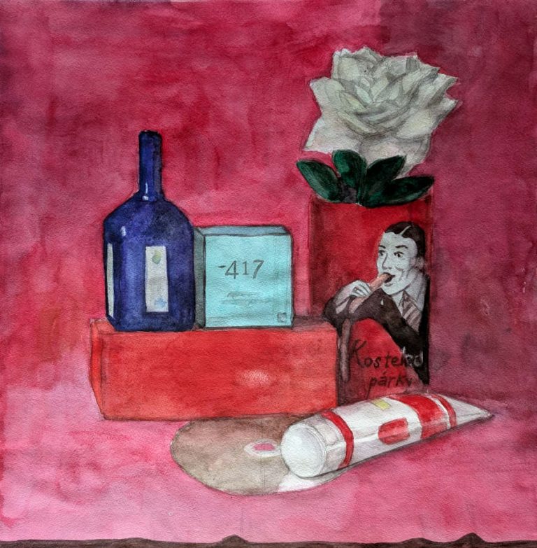 Watercolor painting of still life featuring bright pink colors