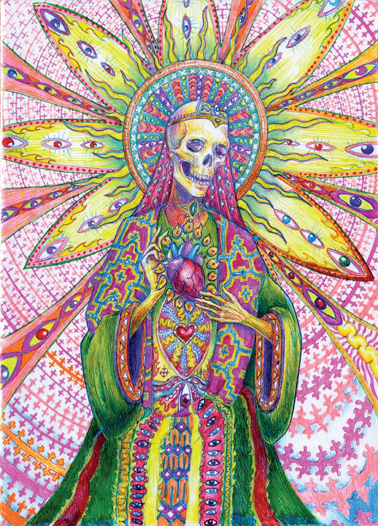 Colorful and surreal ballpoint pen illustration of grim reaper
