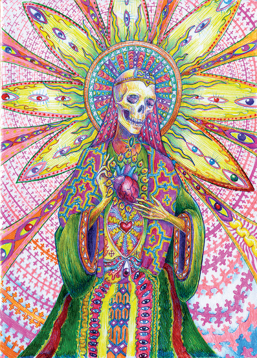 Colorful and surreal ballpoint pen illustration of grim reaper