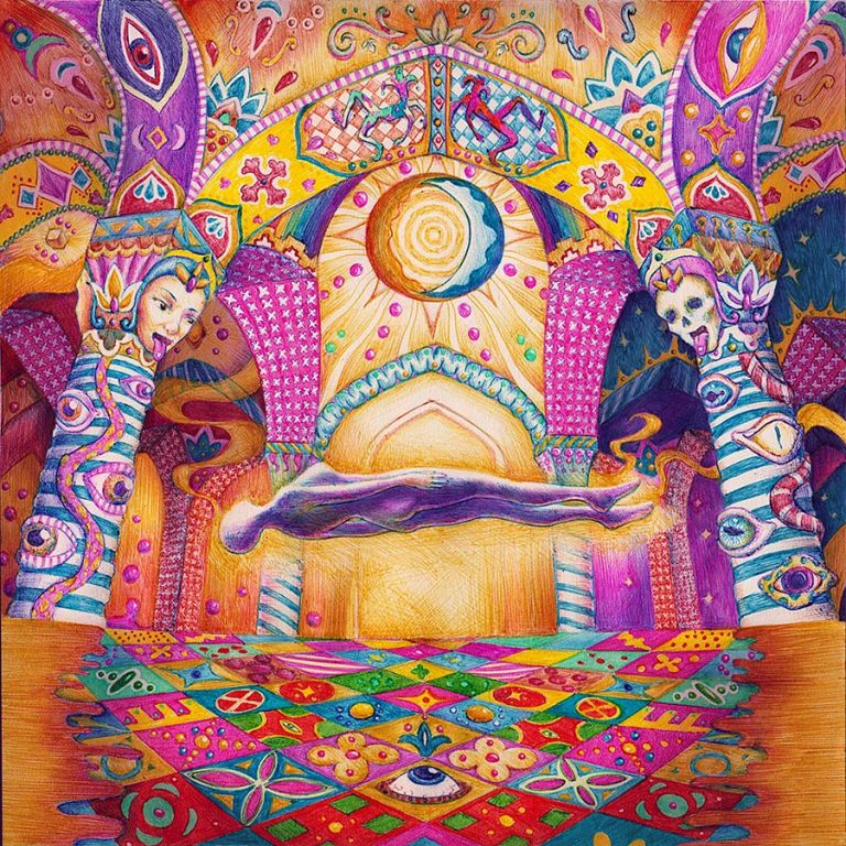 Surreal and psychedelic drawing of a human figure floating in an otherworldly church-like room