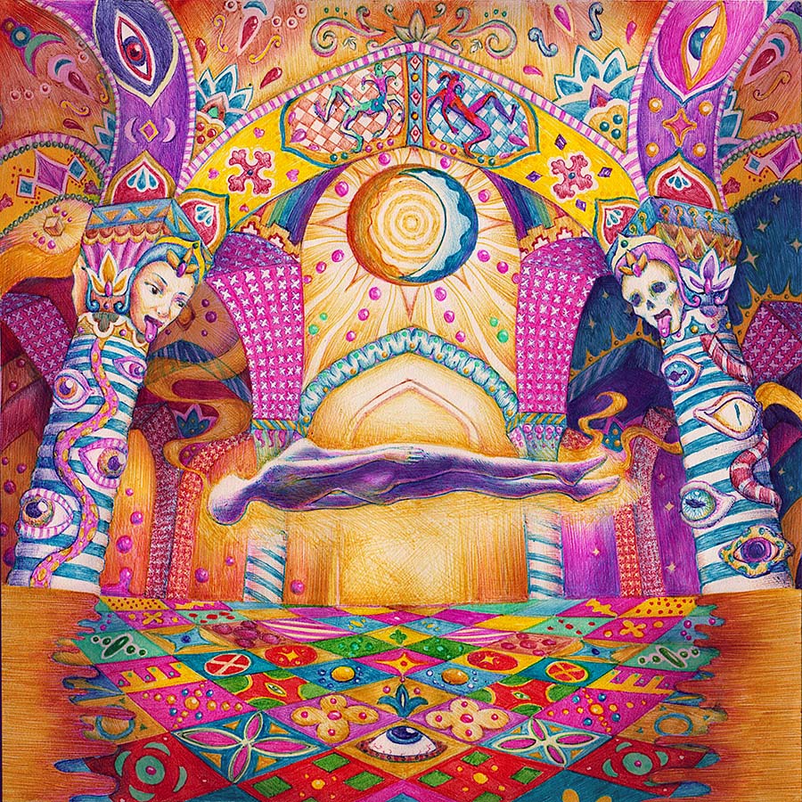 Surreal and psychedelic drawing of a human figure floating in an otherworldly church-like room