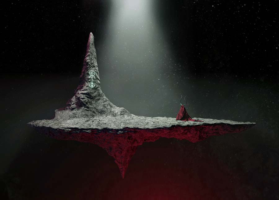 3D render of a horned creature in red robes standing on a floating rock with a glowing symbol on a stone obelisk